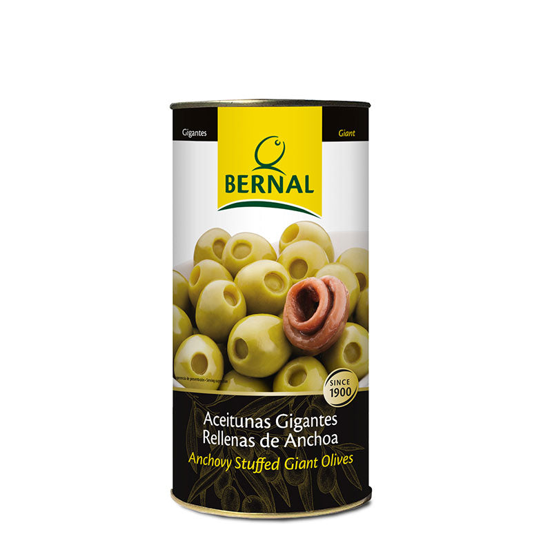Aceitunas Gigantes Rellenas de Anchoa Bernal Lata de 600 gramos.
