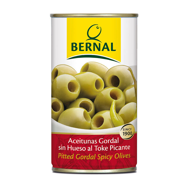 Aceituna Gordal Sin Hueso Picante Bernal Lata de 150 gramos.
