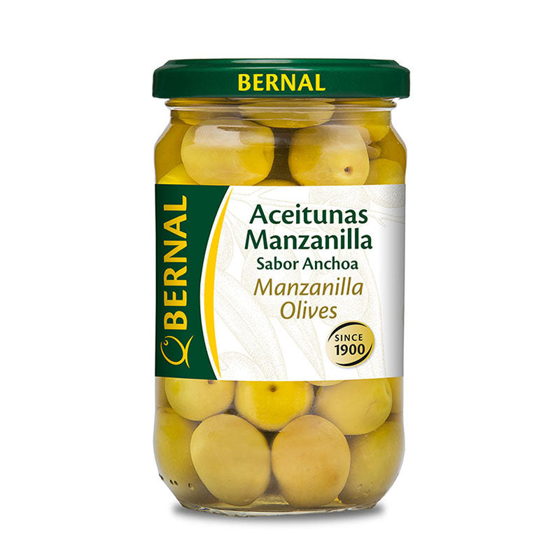 Aceituna Manzanilla Bernal Bote Cristal de 180 gramos.