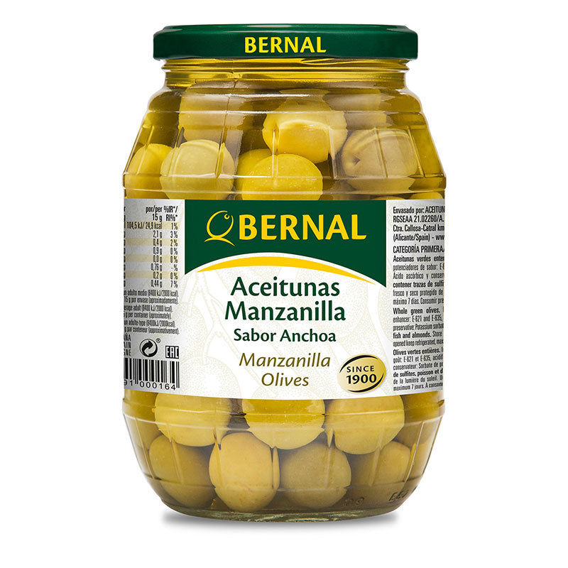 Aceituna Manzanilla Bernal Bote Cristal de 600 gramos.