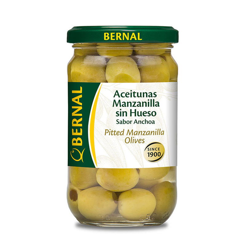 Aceituna Manzanilla Sin Hueso Bernal Bote de Cristal de 140 gramos.