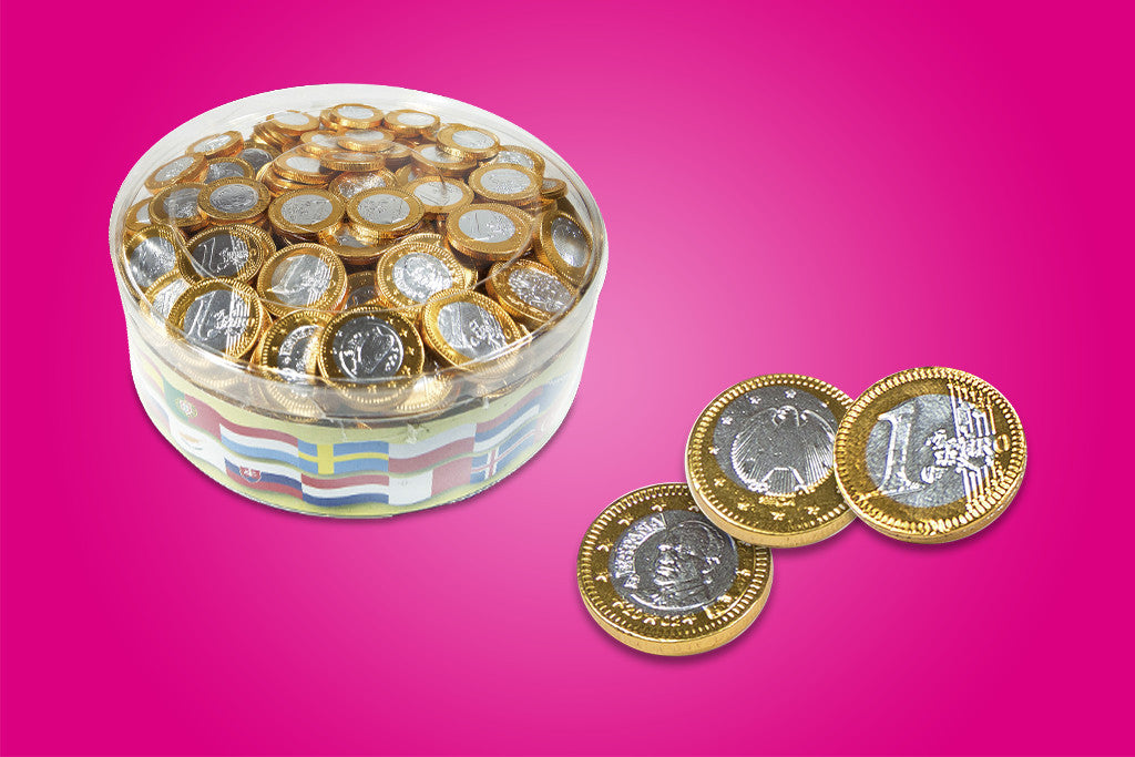 Monedas Chocolate 1 Euro Interdulces en tarro de 300 unidades.