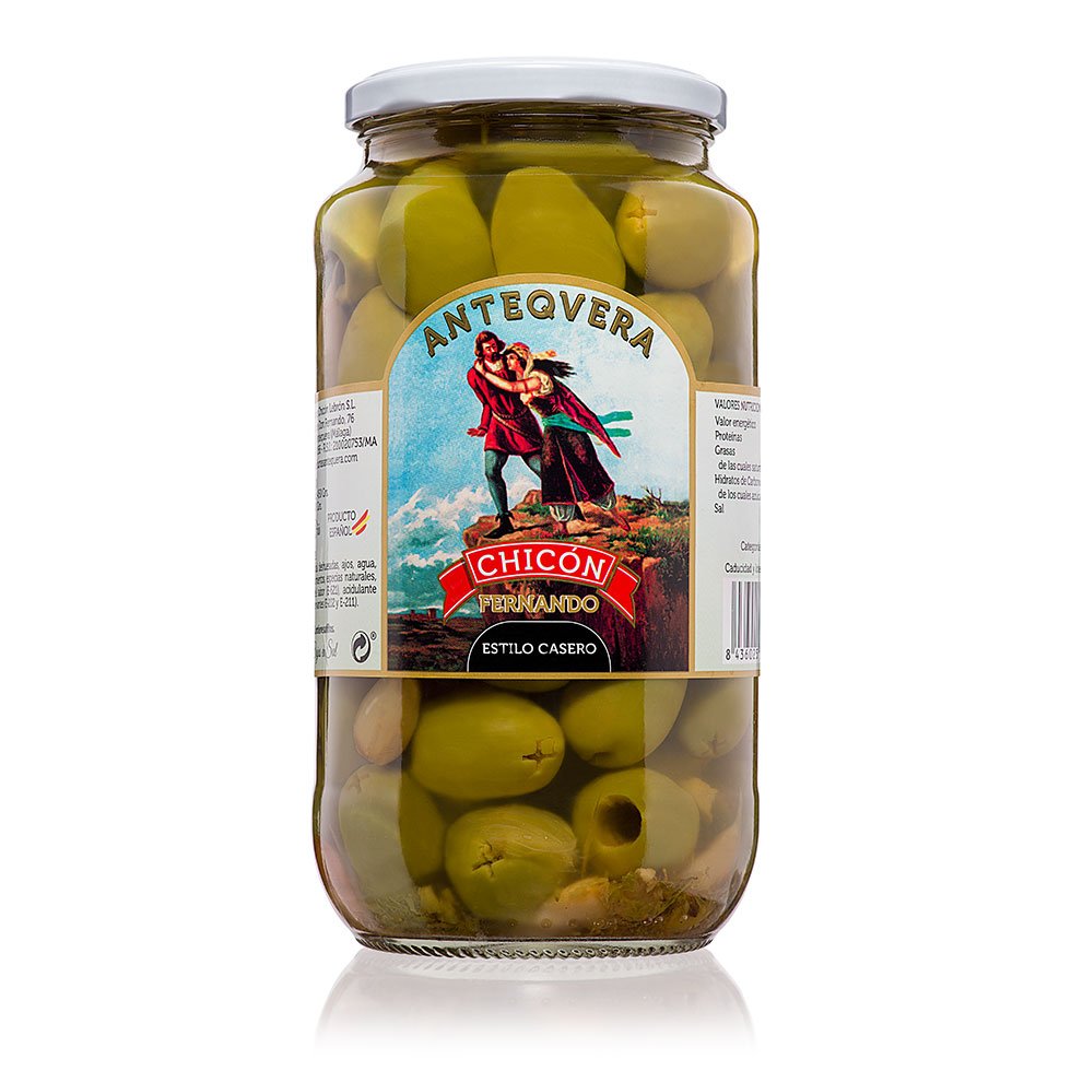 Aceitunas Gordal Estilo Casero Chicón Bote Cristal de 450 gramos.