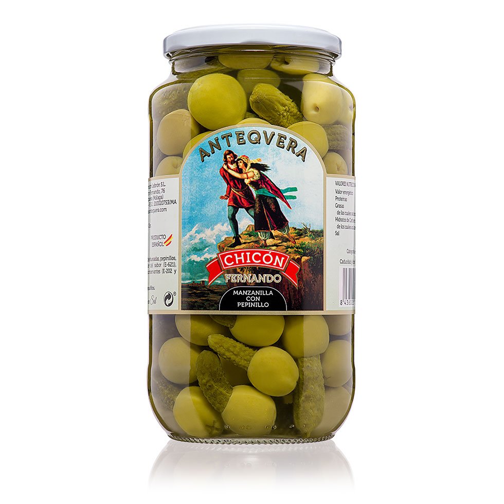 Aceitunas Rellenas de Pepinillos Chicón Bote de Cristal de 500 gramos. SIN GLUTEN.