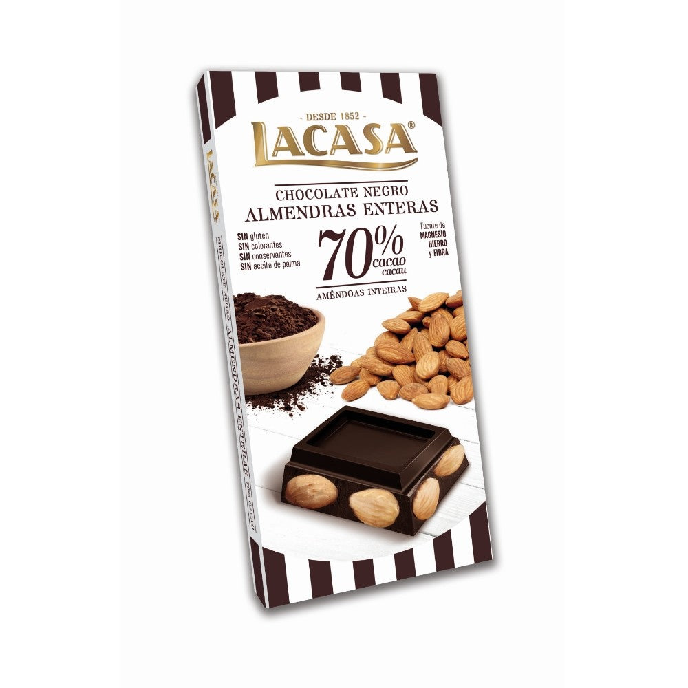Chocolate 70% Cacao Con Almendras Lacasa Tableta de 200 gramos.